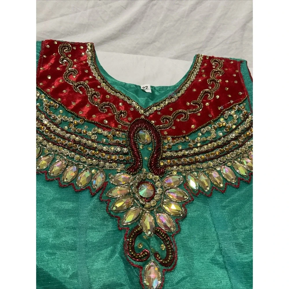 Flare Dress Girls Teal  Floral Embellished Sheer‎ Rhinestone India See Pictures